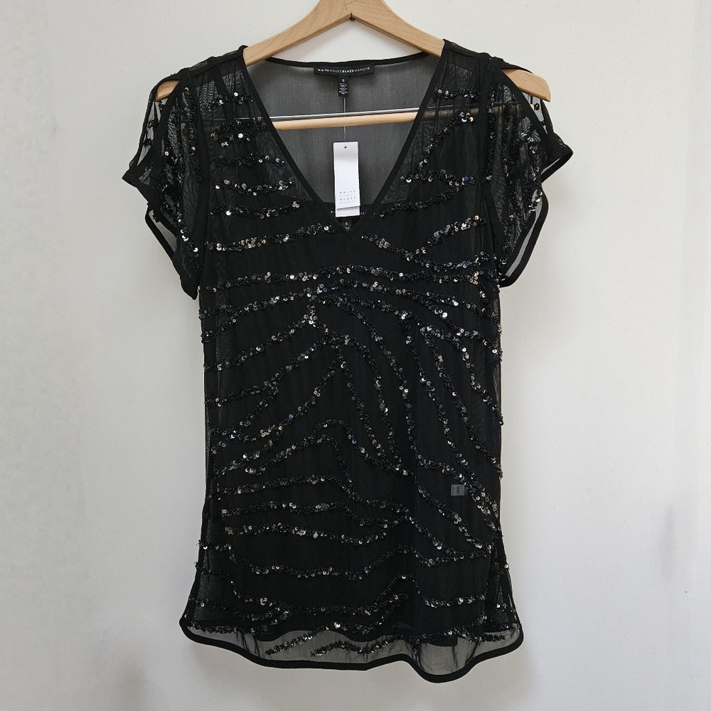 White House Black Market Split Sleeve OTT Tunic, Sequins Black Sz S NWT - Picture 7 of 7